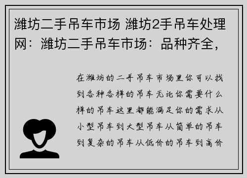 潍坊二手吊车市场 潍坊2手吊车处理网：潍坊二手吊车市场：品种齐全，价格实惠